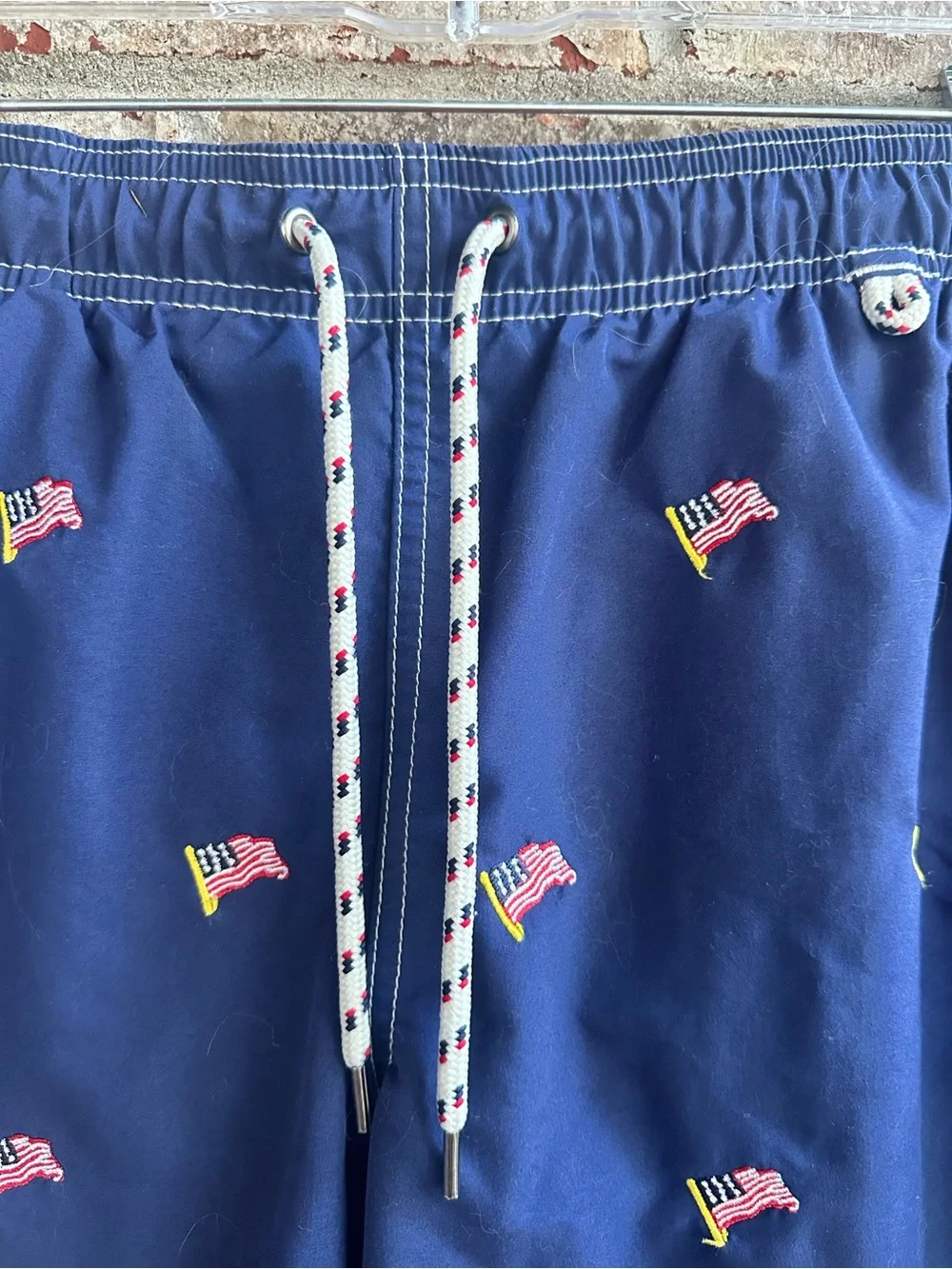 Lands End Patriotic 4th of July blue Embroidered USA Flag Swim Trunks Shorts